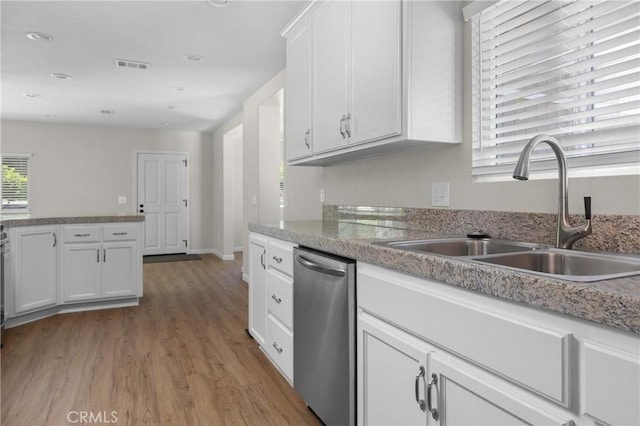 9019 San Gabriel Rd, Atascadero, CA 93422 - kitchen with dishwasher, a sink, light wood-type flooring, white cabinetry, and light countertops