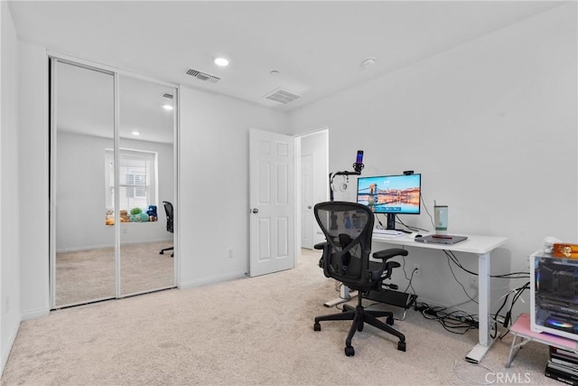 carpeted office featuring recessed lighting and baseboards