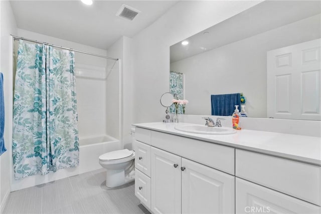 full bath featuring vanity, toilet, shower / bath combination with curtain, tile patterned flooring, and recessed lighting