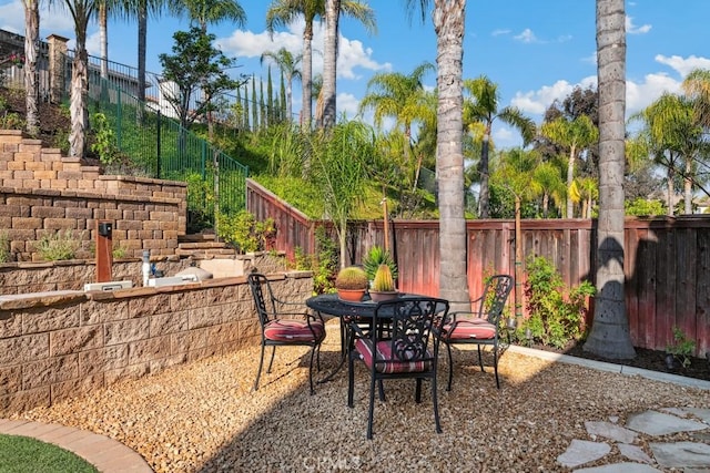 view of patio featuring a fenced backyard and outdoor dining space