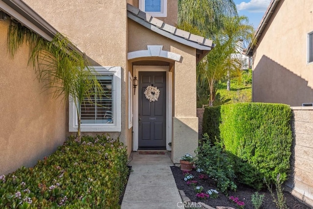 view of exterior entry with stucco siding