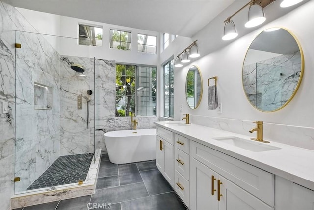 5166 Via Portola, Oceanside, CA 92057 - bathroom featuring a marble finish shower, a freestanding tub, and double vanity