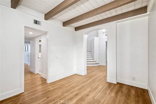 5166 Via Portola, Oceanside, CA 92057 - unfurnished room featuring baseboards, wood finished floors, wooden ceiling, arched walkways, and stairway