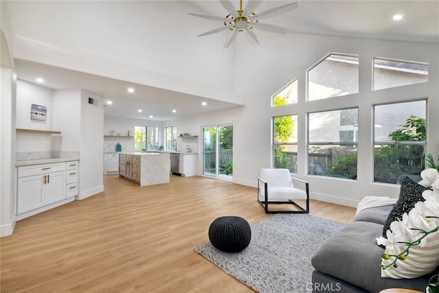 5166 Via Portola, Oceanside, CA 92057 - living area featuring a ceiling fan, light wood-style flooring, recessed lighting, and baseboards