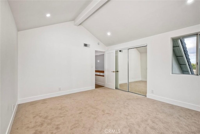 5166 Via Portola, Oceanside, CA 92057 - unfurnished bedroom featuring carpet, beamed ceiling, recessed lighting, baseboards, and a closet