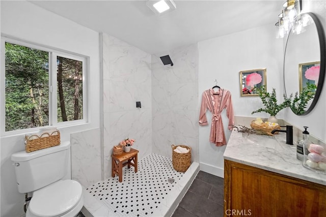 22384 Crest Forest Dr, Cedarpines Park, CA 92322 - bathroom with tiled shower, toilet, vanity, and tile patterned flooring