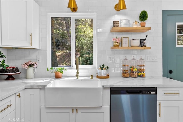 22384 Crest Forest Dr, Cedarpines Park, CA 92322 - kitchen featuring stainless steel dishwasher, a sink, decorative backsplash, white cabinets, and plenty of natural light