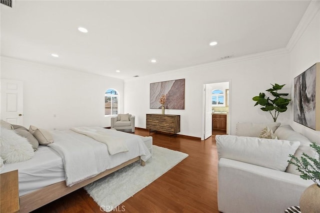 335 Montechico Dr, Monterey Park, CA 91754 - bedroom with ornamental molding, dark wood finished floors, recessed lighting, ensuite bath, and baseboards