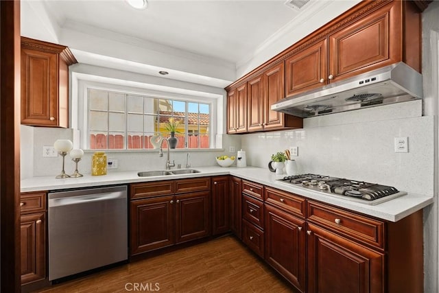 335 Montechico Dr, Monterey Park, CA 91754 - kitchen featuring stainless steel appliances, a sink, under cabinet range hood, light countertops, and decorative backsplash