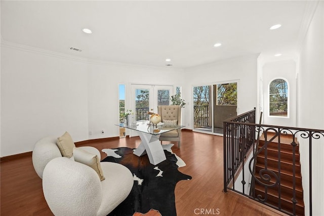 335 Montechico Dr, Monterey Park, CA 91754 - home office featuring wood finished floors, french doors, ornamental molding, baseboards, and recessed lighting