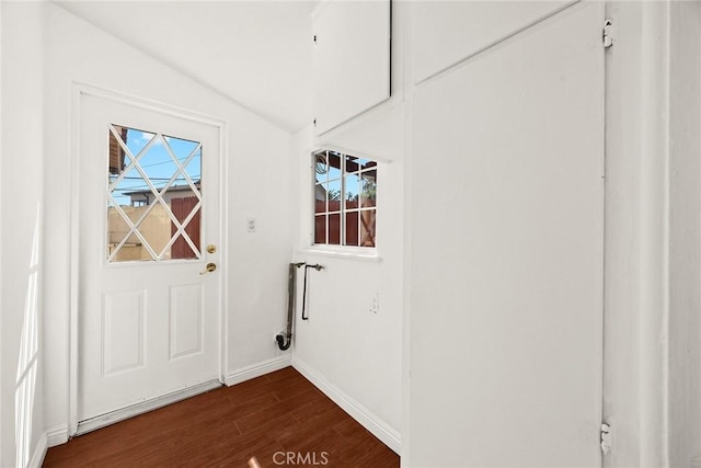 335 Montechico Dr, Monterey Park, CA 91754 - doorway to outside featuring dark wood-type flooring, plenty of natural light, baseboards, and vaulted ceiling