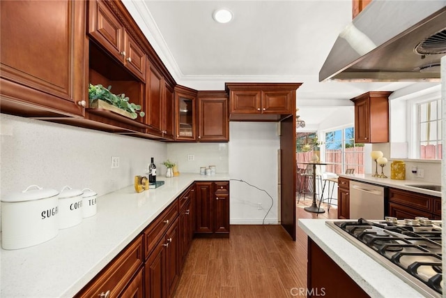 335 Montechico Dr, Monterey Park, CA 91754 - kitchen featuring stainless steel dishwasher, gas stovetop, ventilation hood, light countertops, and recessed lighting