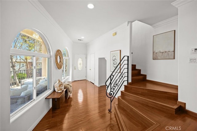335 Montechico Dr, Monterey Park, CA 91754 - entryway featuring ornamental molding, baseboards, stairs, wood finished floors, and recessed lighting