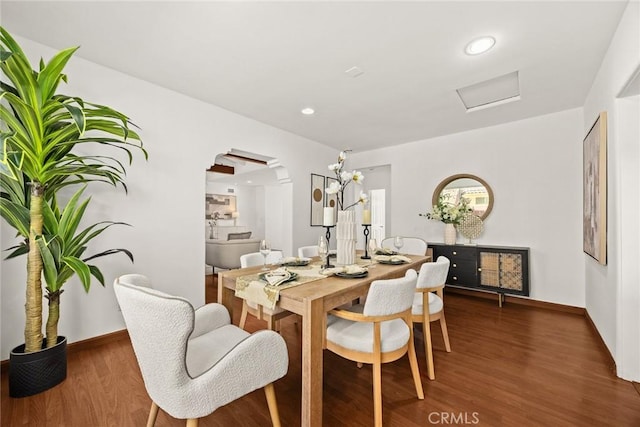335 Montechico Dr, Monterey Park, CA 91754 - dining area featuring wood finished floors, recessed lighting, baseboards, arched walkways, and attic access