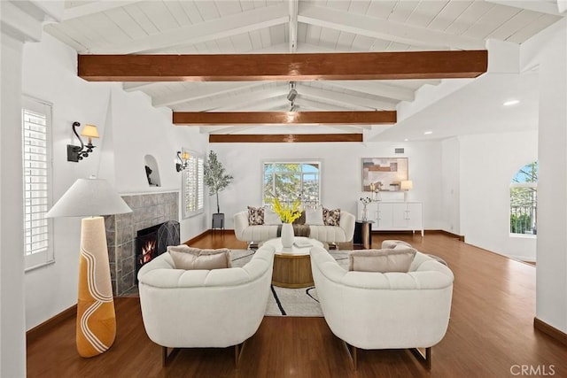 335 Montechico Dr, Monterey Park, CA 91754 - living room featuring wood finished floors, a fireplace, recessed lighting, and baseboards