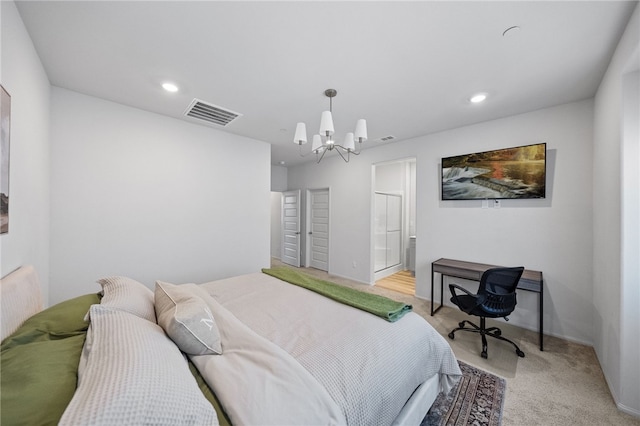 40545 Melrose Dr, Temecula, CA 92591 - bedroom featuring a chandelier, light colored carpet, and recessed lighting