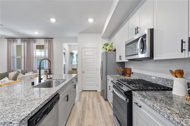 40545 Melrose Dr, Temecula, CA 92591 - kitchen with appliances with stainless steel finishes, a sink, white cabinetry, light wood finished floors, and recessed lighting