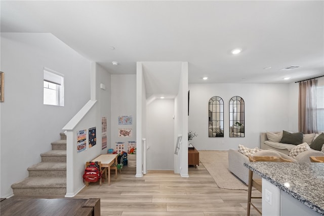40545 Melrose Dr, Temecula, CA 92591 - living area with light wood-style flooring, plenty of natural light, stairway, recessed lighting, and baseboards