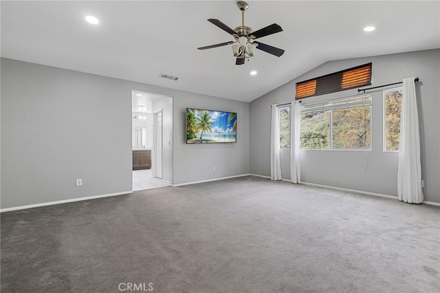 26426 Cardinal Dr, Canyon Country, CA 91387 - carpeted empty room with ceiling fan, recessed lighting, lofted ceiling, and baseboards