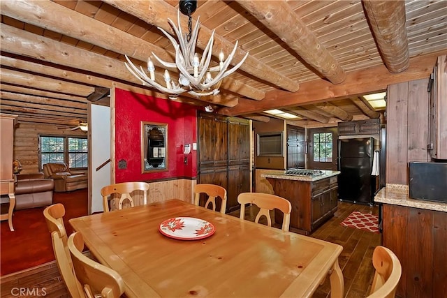 26638 Lake Forest Dr, Twin Peaks, CA 92391 - dining space with dark wood-style flooring, wood ceiling, a chandelier, beamed ceiling, and wooden walls