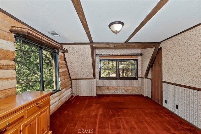 26638 Lake Forest Dr, Twin Peaks, CA 92391 - additional living space featuring wallpapered walls, dark colored carpet, and wainscoting