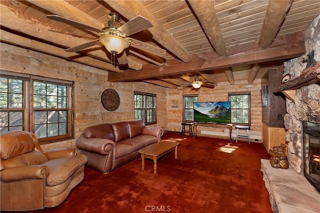26638 Lake Forest Dr, Twin Peaks, CA 92391 - living room featuring ceiling fan, wooden ceiling, wood walls, beamed ceiling, and a stone fireplace
