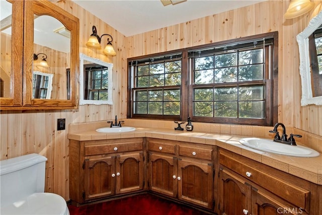 26638 Lake Forest Dr, Twin Peaks, CA 92391 - bathroom with toilet, double vanity, and wood walls