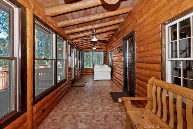 26638 Lake Forest Dr, Twin Peaks, CA 92391 - unfurnished sunroom with a ceiling fan and beamed ceiling