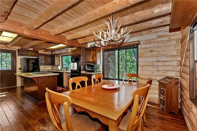 26638 Lake Forest Dr, Twin Peaks, CA 92391 - dining room featuring dark wood finished floors, wooden ceiling, a chandelier, beam ceiling, and wood walls