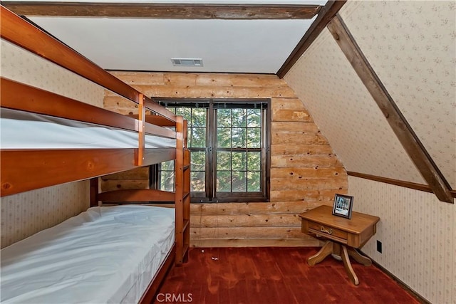 26638 Lake Forest Dr, Twin Peaks, CA 92391 - bedroom with hardwood / wood-style flooring, wallpapered walls, and lofted ceiling
