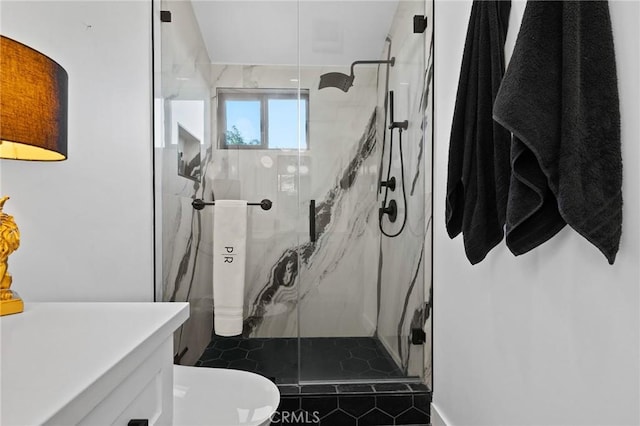 5100 Riverton Ave Unit 14, North Hollywood, CA 91601 - full bath featuring a marble finish shower, tile patterned floors, toilet, and vanity
