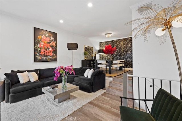 5100 Riverton Ave Unit 14, North Hollywood, CA 91601 - living room featuring light wood finished floors, recessed lighting, and crown molding