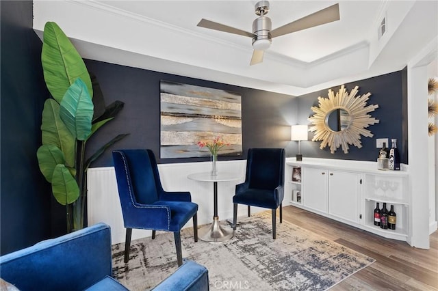 5100 Riverton Ave Unit 14, North Hollywood, CA 91601 - living area with wood finished floors, crown molding, ceiling fan, and a tray ceiling