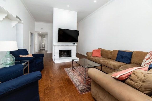 816 Caminito Azul, Carlsbad, CA 92011 - living area with ornamental molding, hardwood / wood-style flooring, a brick fireplace, recessed lighting, and baseboards