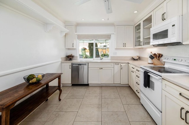 816 Caminito Azul, Carlsbad, CA 92011 - kitchen featuring white appliances, a sink, white cabinets, glass insert cabinets, and crown molding