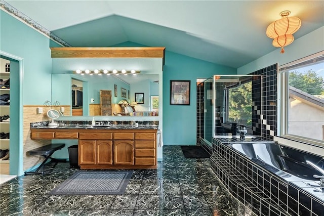 5145 Northfork Pl, Paso Robles, CA 93446 - full bath with vaulted ceiling, a garden tub, a stall shower, marble look tile flooring, and vanity