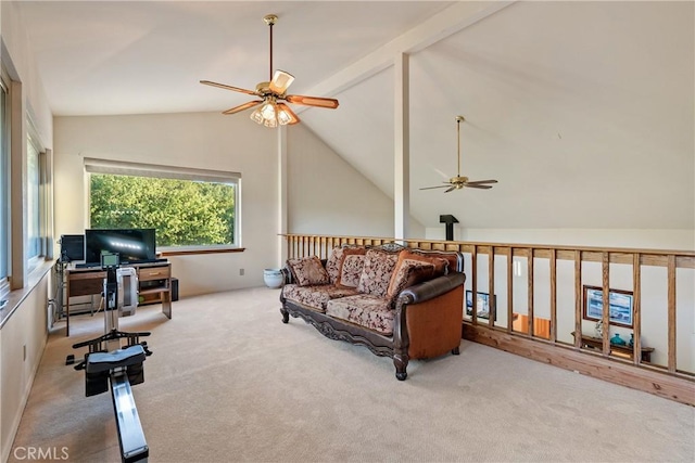 5145 Northfork Pl, Paso Robles, CA 93446 - living area featuring ceiling fan, carpet, lofted ceiling, and an office area