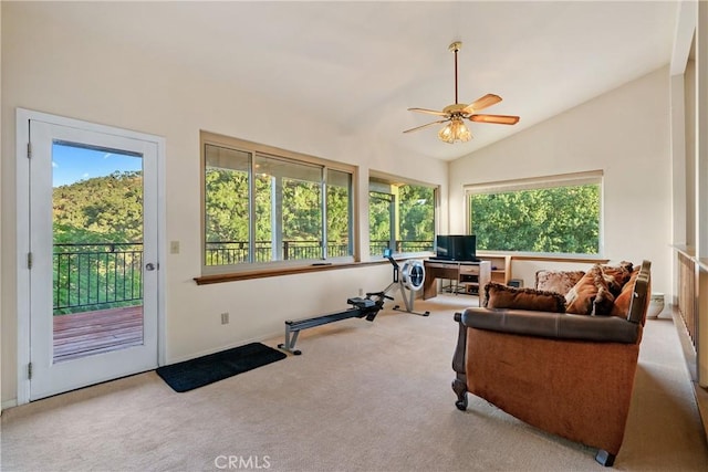 5145 Northfork Pl, Paso Robles, CA 93446 - carpeted living area featuring ceiling fan and lofted ceiling