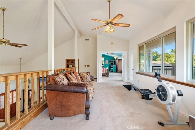 5145 Northfork Pl, Paso Robles, CA 93446 - living room with a ceiling fan, beamed ceiling, carpet flooring, and high vaulted ceiling