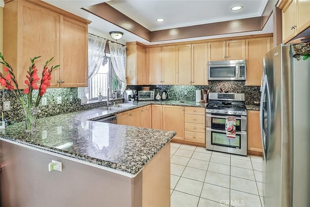 kitchen featuring appliances with stainless steel finishes, ornamental molding, a peninsula, a tray ceiling, and a sink