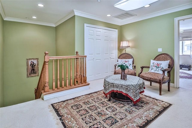 living area featuring carpet flooring, recessed lighting, crown molding, an upstairs landing, and baseboards