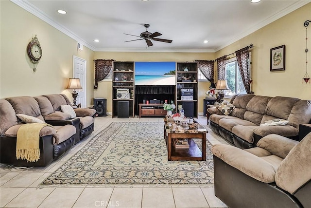 living room with tile patterned flooring, ceiling fan, recessed lighting, and ornamental molding