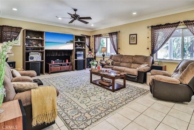 living room with light tile patterned flooring, a ceiling fan, recessed lighting, and crown molding