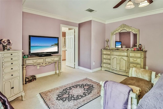 living area featuring crown molding, a ceiling fan, light colored carpet, and baseboards