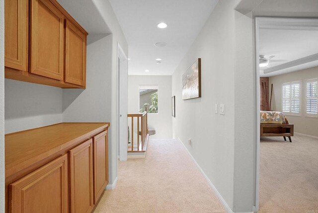 2217 Corte, San Simeon, Chula Vista, CA 91914 - corridor featuring light carpet, baseboards, recessed lighting, and an upstairs landing