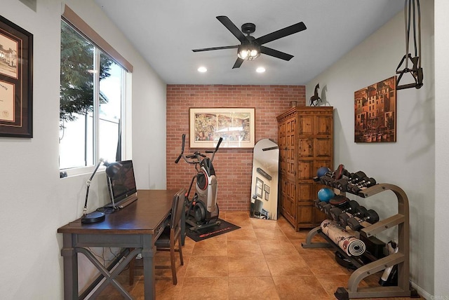 2217 Corte, San Simeon, Chula Vista, CA 91914 - workout area featuring ceiling fan, brick wall, recessed lighting, and light tile patterned floors