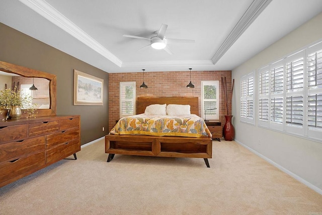 2217 Corte, San Simeon, Chula Vista, CA 91914 - bedroom with a tray ceiling, light carpet, baseboards, crown molding, and ceiling fan