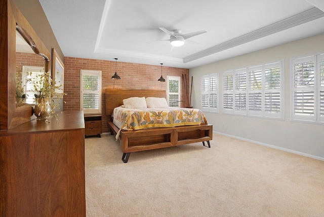 2217 Corte, San Simeon, Chula Vista, CA 91914 - bedroom with a tray ceiling, multiple windows, light colored carpet, baseboards, and brick wall