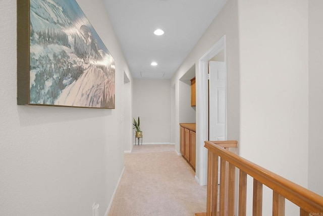 2217 Corte, San Simeon, Chula Vista, CA 91914 - corridor featuring light carpet, an upstairs landing, recessed lighting, and baseboards