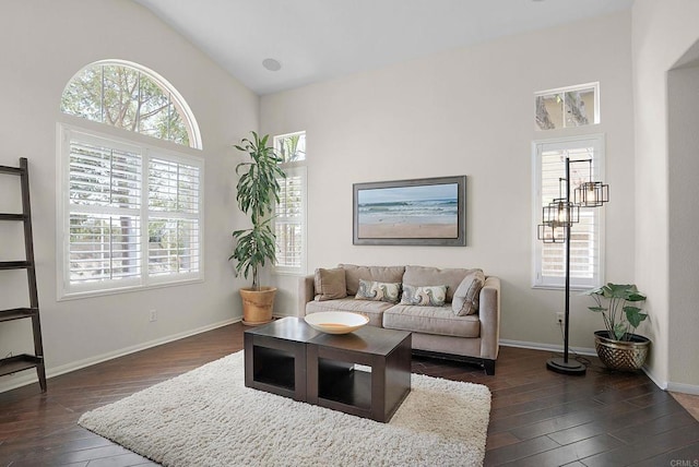 2217 Corte, San Simeon, Chula Vista, CA 91914 - living area featuring dark wood-style floors, baseboards, and vaulted ceiling